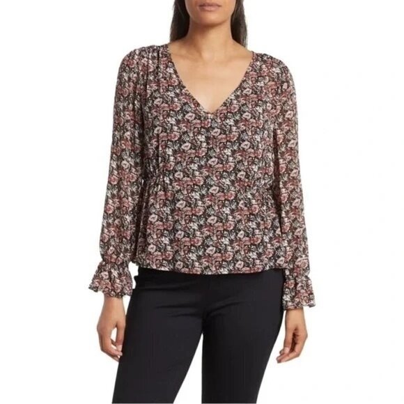 Nordstrom Rack Floral Sheer Chiffon Long Sleeve Peplum Top Layered - Picture 1 of 7